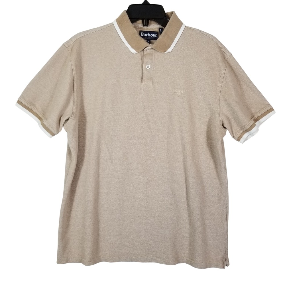 Barbour Mens XL Tan Pique Cotton Short Sleeve Polo Shirt Contrast Trim Logo
